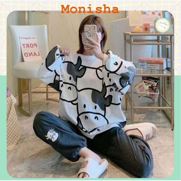 Bộ ngủ bò sữa nữ dài tay cổ tròn, bộ mặc nhà nữ lụa sữa cute DN04