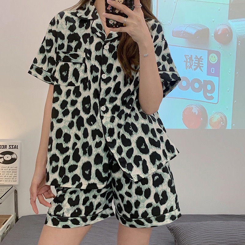 Bộ đồ nữ cộc tay hoạ tiết da beo xanh, bộ pijama hoạ tiết, đồ bộ mặc nhà