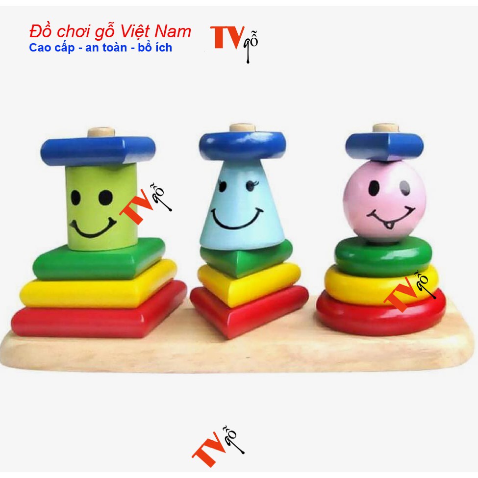 Bộ đồ chơi thả cọc xếp hình bằng gỗ cho bé | Bộ xếp hình 3 trụ xếp khối gỗ 3 cọc bằng gỗ việt nam
