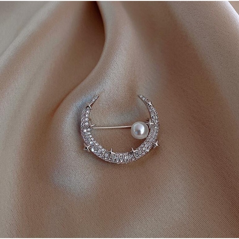 Ghim Cài Áo Hình Mặt Trăng Đính Đá Zircon Lấp Lánh Phong Cách Hàn Quốc Cho Nữ