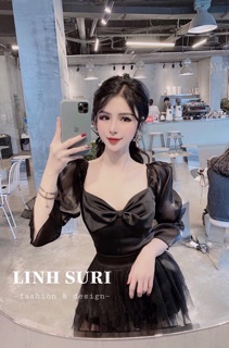 Áo lụa phối nơ + chân váy lưới tầng