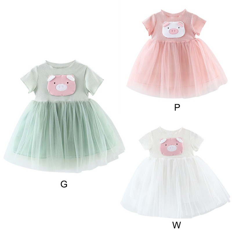 Đầm ngắn tay in hình chú heo dễ thương cho bé gái