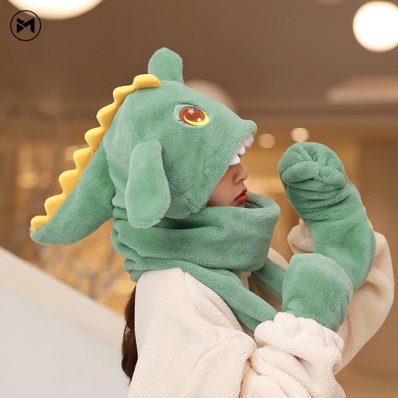 Bộ Đồ Chơi Thú Nhồi Bông Hình Khủng Long Dễ Thương Giữ Ấm Tai Và Khăn Choàng Cổ Dày Dặn