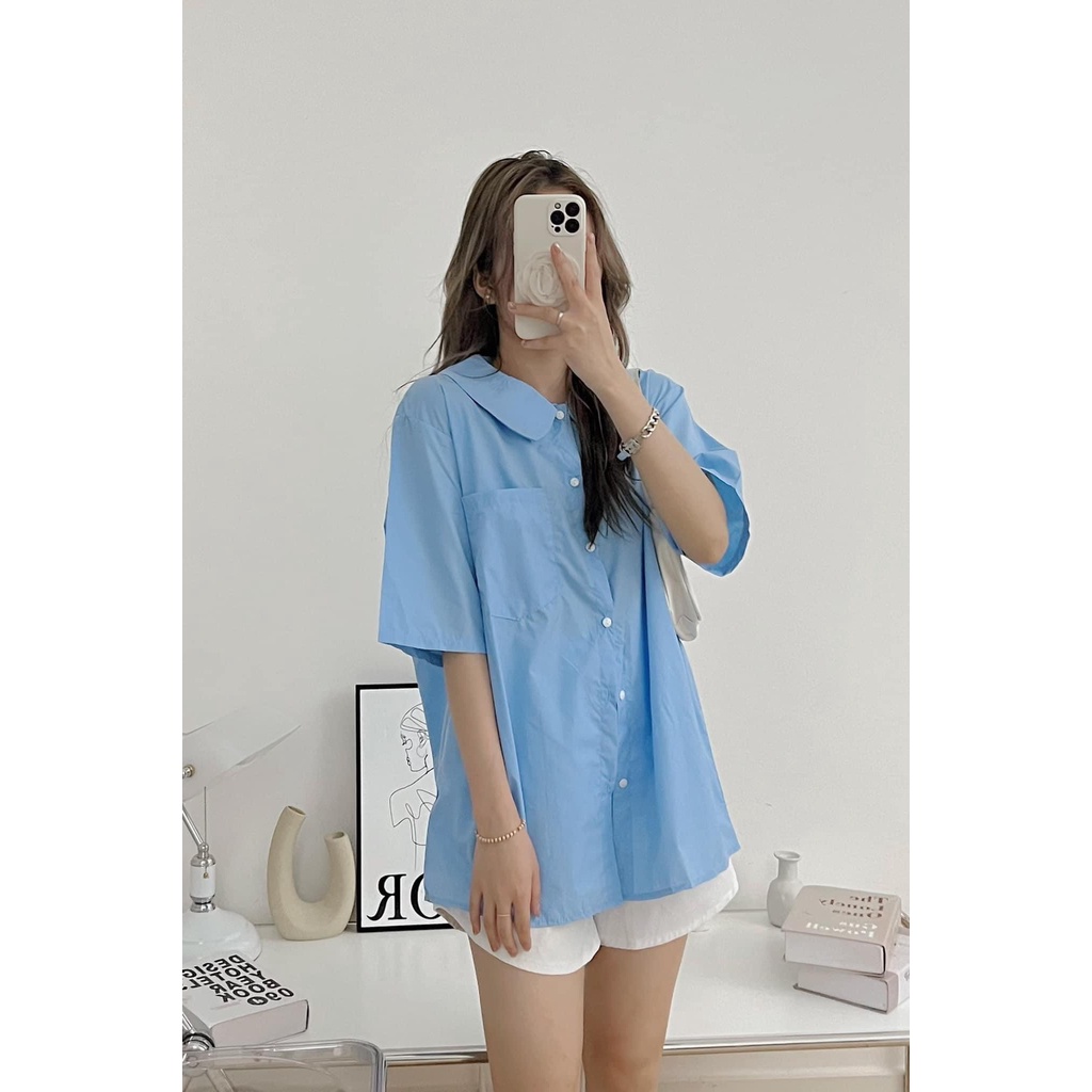 [Ảnh thật/Sẵn] Áo sơ mi trơn tay lỡ cổ sen túi ngực ulzzang