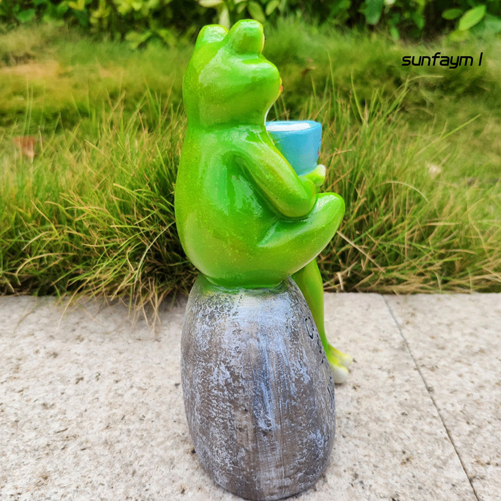 SUNFAY Animal Design Statuary Green Sitting Frog Drinking Coffee Stone Garden Statue for Home Decor