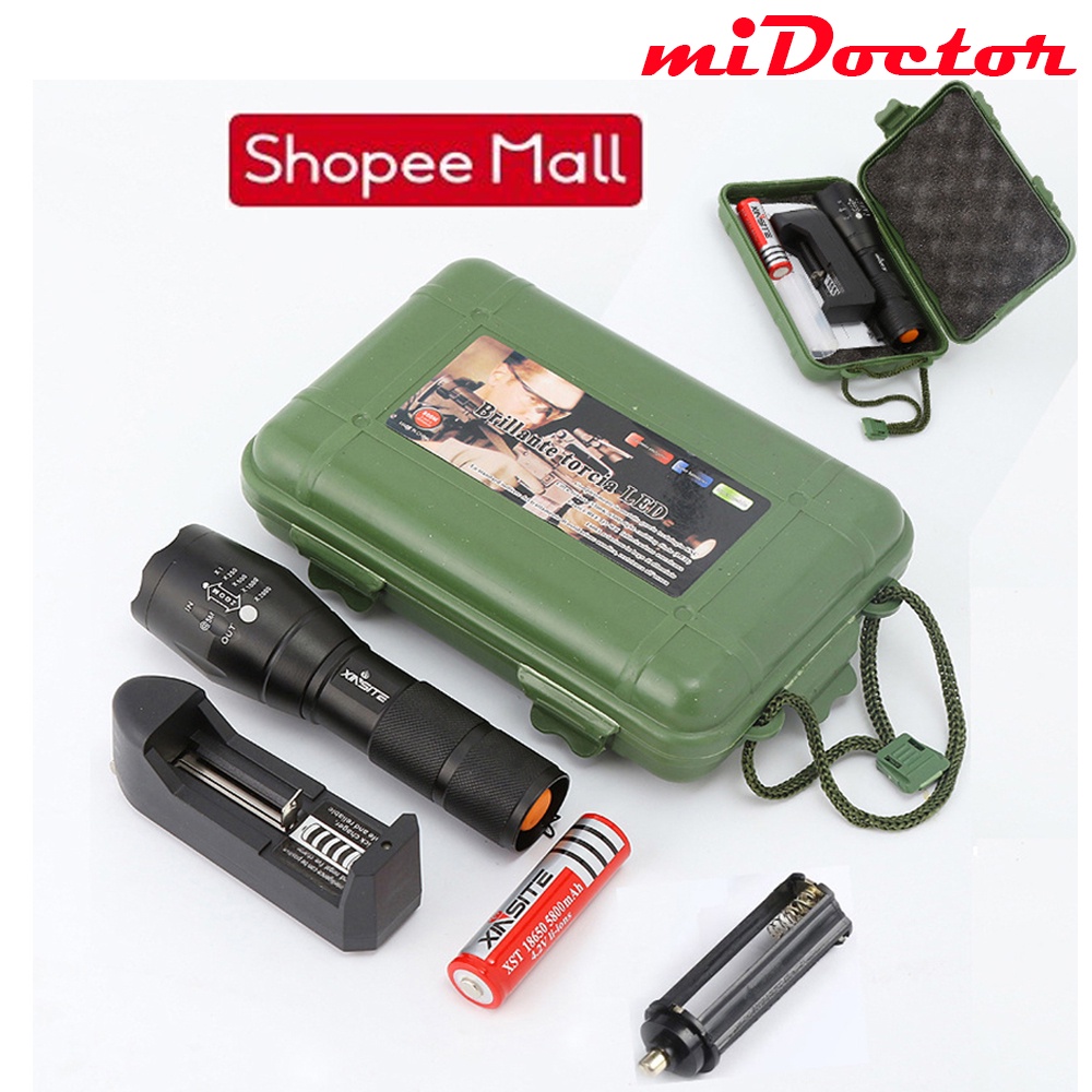 Đèn pin mini siêu sáng hộp nhựa, cầm tay cao cấp hợp kim chống nước pin có thể sạc lại Full box miDoctor