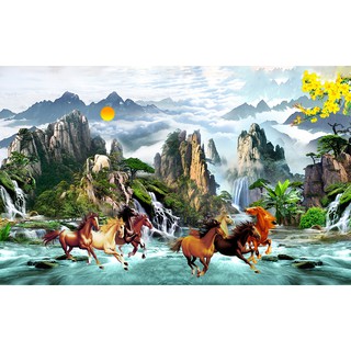 Tranh dán tường Tranh Mã đáo thành công tài lộc, Tranh dán tường 3d hiện đại (tích hợp sẵn keo)