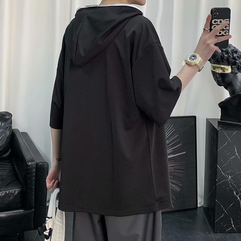 Áo hoodie dáng rộng tay ngắn phối khóa kéo thời trang mùa hè phong cách Hàn Quốc cho nam