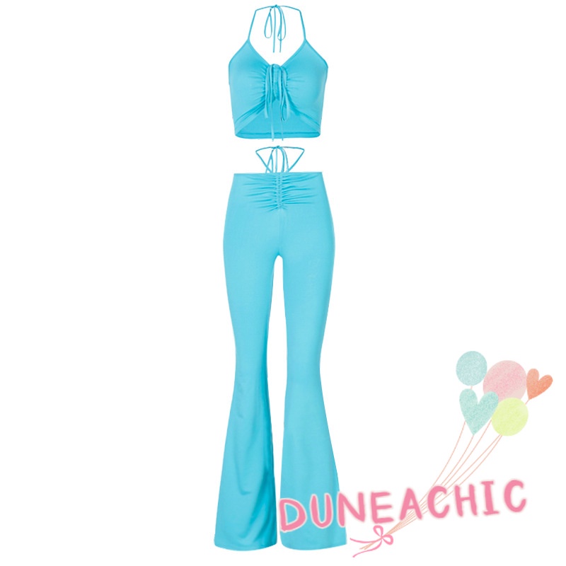 DUNEA Set Đồ 2 Món Áo Tank Top Trơn Thắt Nơ Eo Và Quần Dài Màu Trơn Cho Nữ
