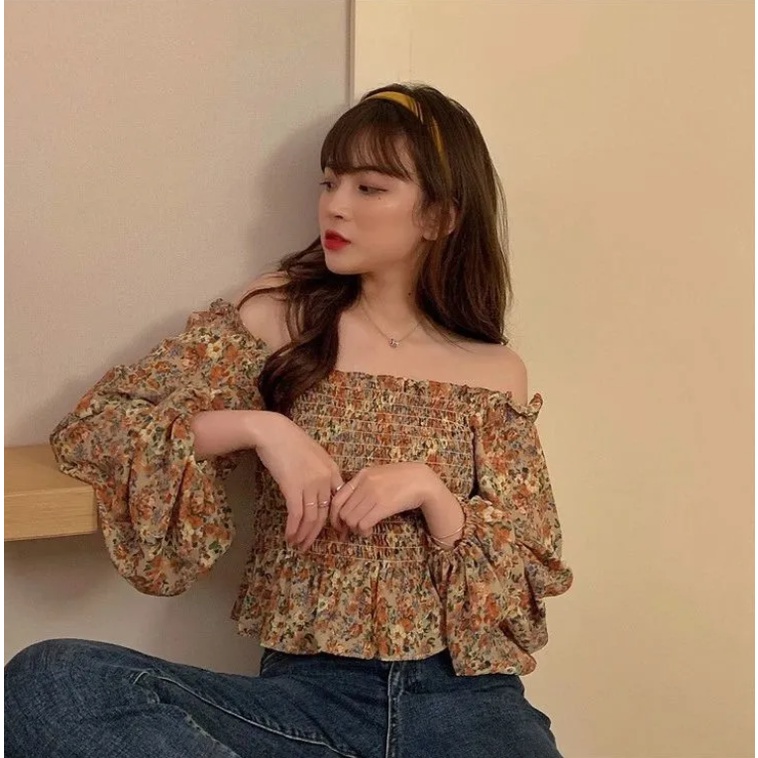 Áo Chiffon Tay Dài In Hoa Phong Cách Retro Cho Nữ