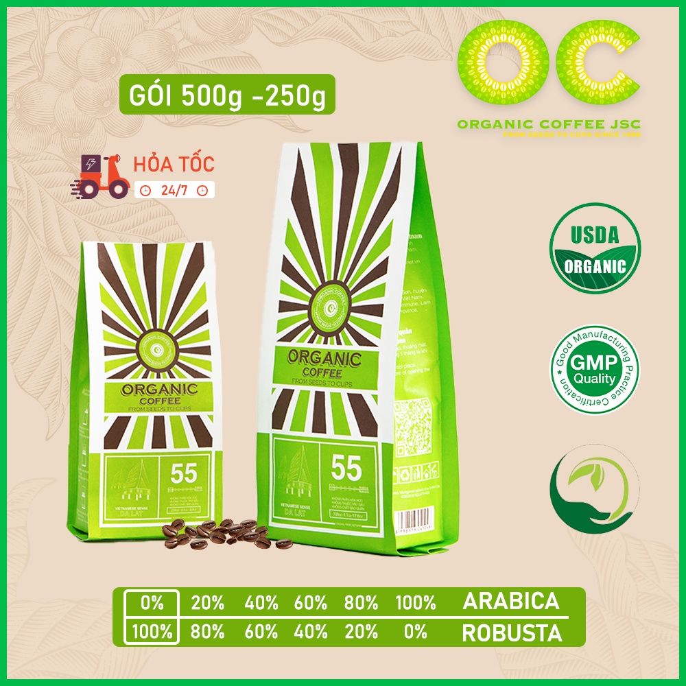 Cà phê Robusta rang xay nguyên chất hữu cơ 100% Đà Lạt 55, Cafe rang mộc pha phin/máy gói 250g/500g Organic Coffee JSC