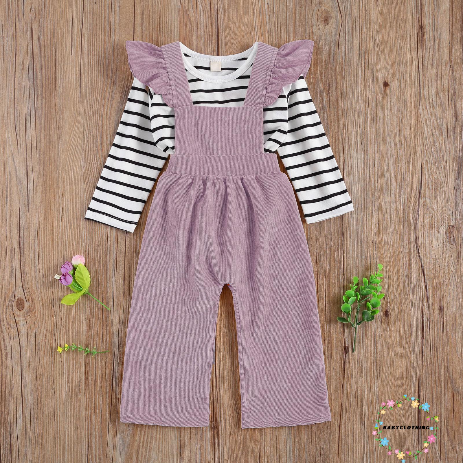 BBCQ-2-piece Little Girls Overall Set, Children Stripe Print Long Sleeve Top and Solid Color Suspenders Long Pants