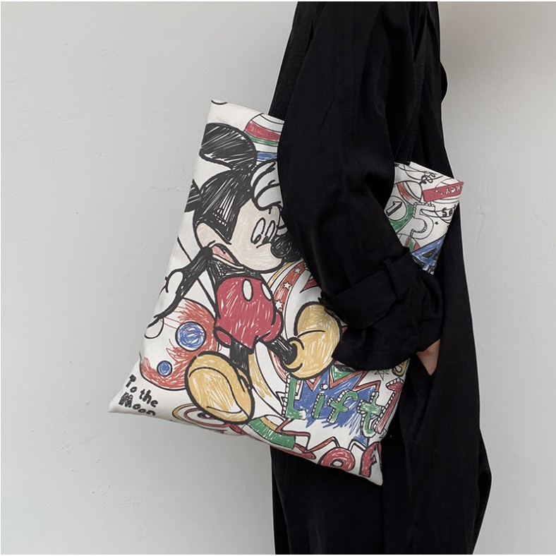 Túi đeo vai vải canvas họa tiết hoạt hình dễ thương dành cho nữ