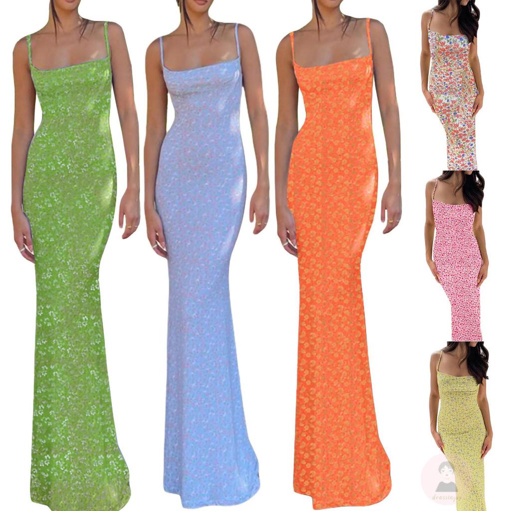 Đầm Dài Không Tay Hở Lưng Khoét Sâu In Họa Tiết Hoa Cho Nữ