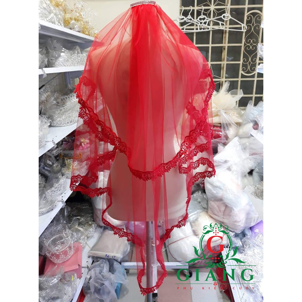 Voan cài tóc cô dâu đỏ viền đính ren nhỏ 2cm phụ kiện cưới Giang