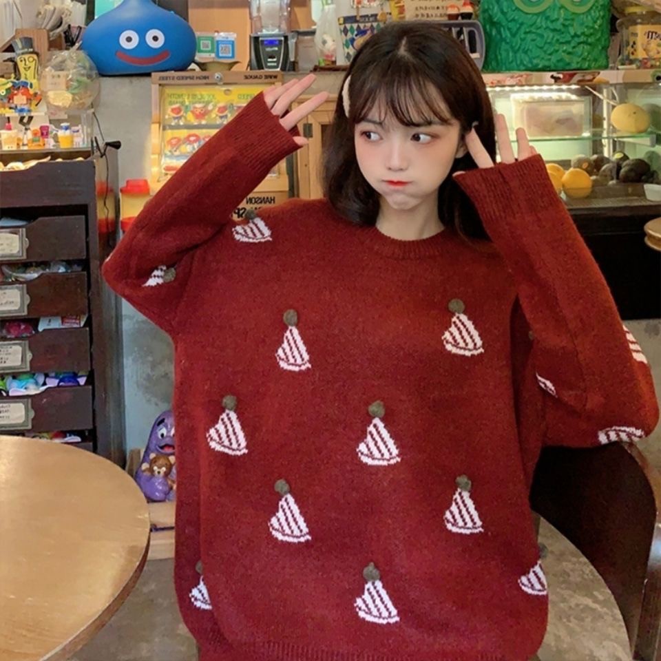 🎄Merry Christmas🎄 Áo sweater dáng rộng họa tiết màu đỏ ấm áp dễ thương cho nữ | BigBuy360 - bigbuy360.vn