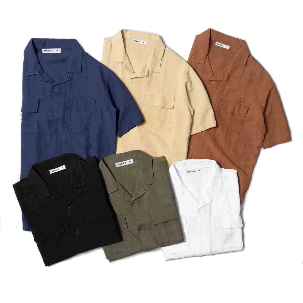 Áo sơ mi nam Double'D cổ Danton tay ngắn chất liệu LINEN thấm hút mồ hôi tốt SLN