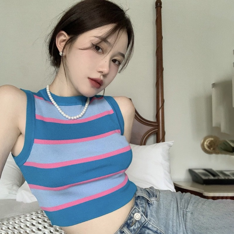 Áo Croptop Dệt Kim Hai Dây Vải Lụa Mát Họa Tiết Kẻ Sọc Phong Cách Hàn Quốc Cho Nữ