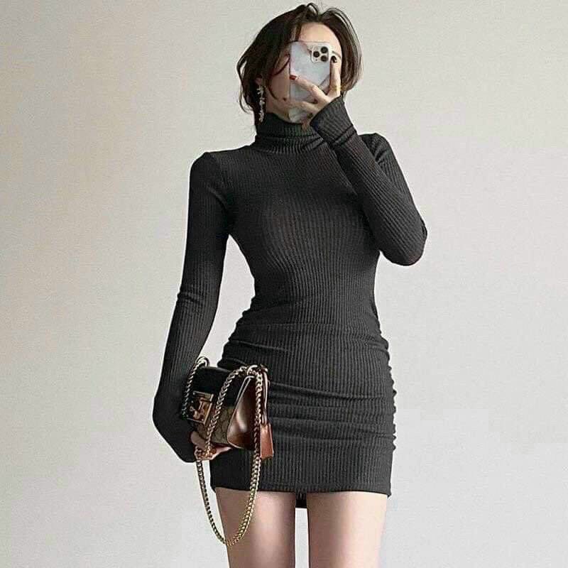 ⚡️Hot⚡️Đầm Body - Váy Body Nữ - Len Tăm Cổ Lọ Cao - Tay Dài Nhún Eo - Mẫu Mới Chens Fashion