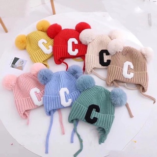Mũ Len Hàn Quốc Cho Bé Trai Bé Gái -  Hình chữ C Gắn Quả Bông Cực Đáng Yêu