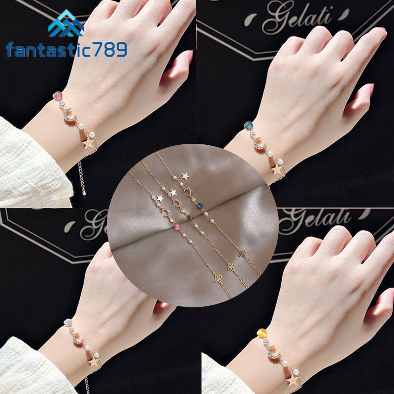 Vòng tay trang trí ngọc trai và mặt trăng ngôi sao xinh xắn thanh lịch Fantastic789
