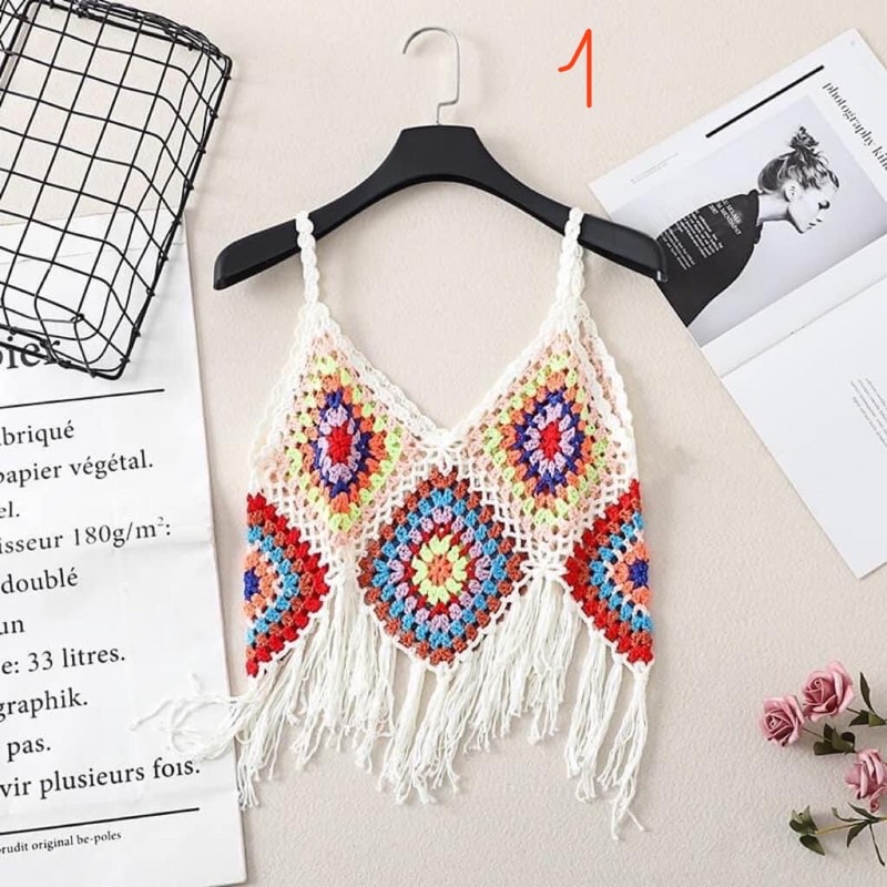 Áo hoa văn ghép Len móc crochet top phong cách bohemian