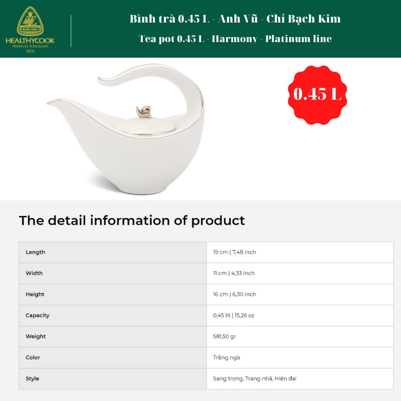 Bình trà 0.45 L - Anh Vũ - Chỉ Bạch Kim