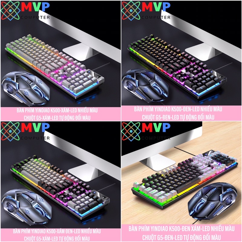 Combo Chuột Bàn Phím Máy Tính Laptop Gaming YINDIAO K500-G5 LED Xuyên Chữ Mix Nhiều Màu Hồng Tím Xanh Trắng Đen Xám