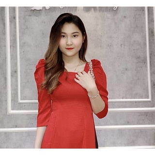 Áo dài nhiều màu cổ vuông, lụa tây thi, tay bồng kết ngọc trai