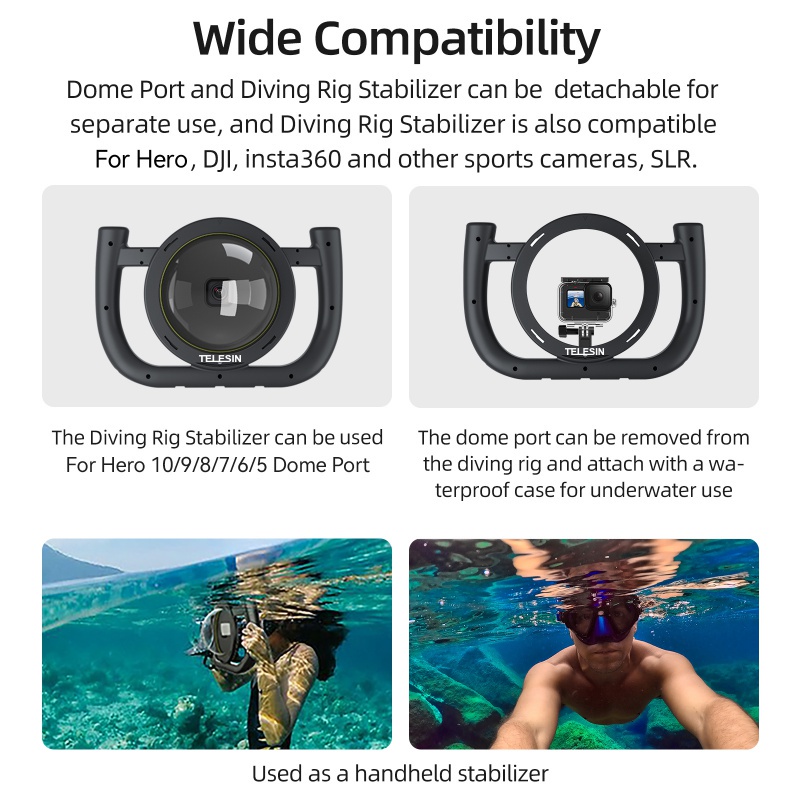 TELESIN Dome Port 30M Waterproof Handheld Housing Case Removable Type Stabilizer With Cold Shoe 1/4 Adapter for GoPro Hero 9 10