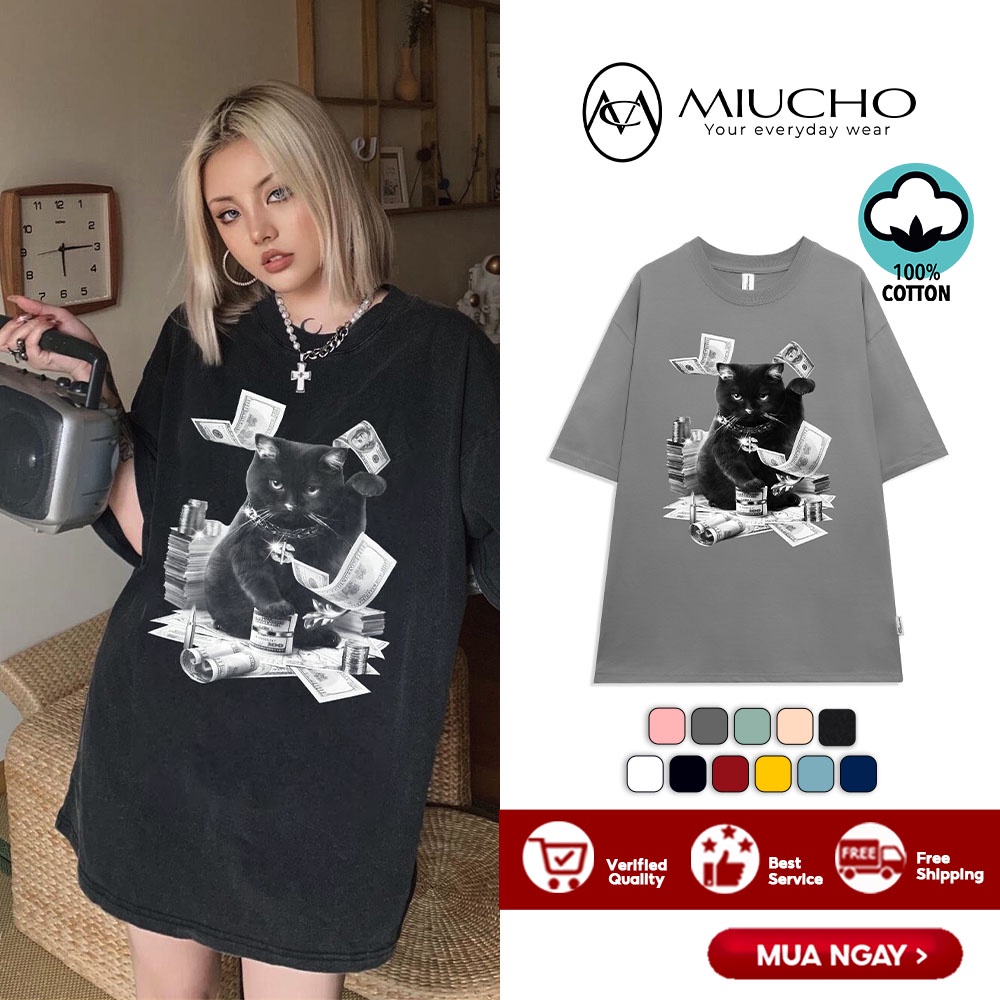 Áo thun form rộng nữ tay lỡ oversize, áo form rộng nữ hàn quốc chất vải cotton AT213 Miucho in hình hoạ tiết