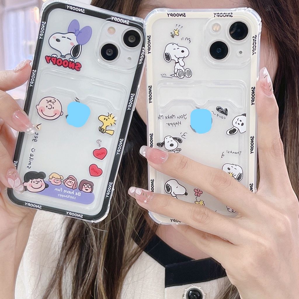 Ốp Điện Thoại Họa Tiết Hoạt Hình Snoopy Kèm Ngăn Đựng Thẻ Chống Sốc Cho iPhone 14 / 13 / 12 / 11 / X / 8 / 7P