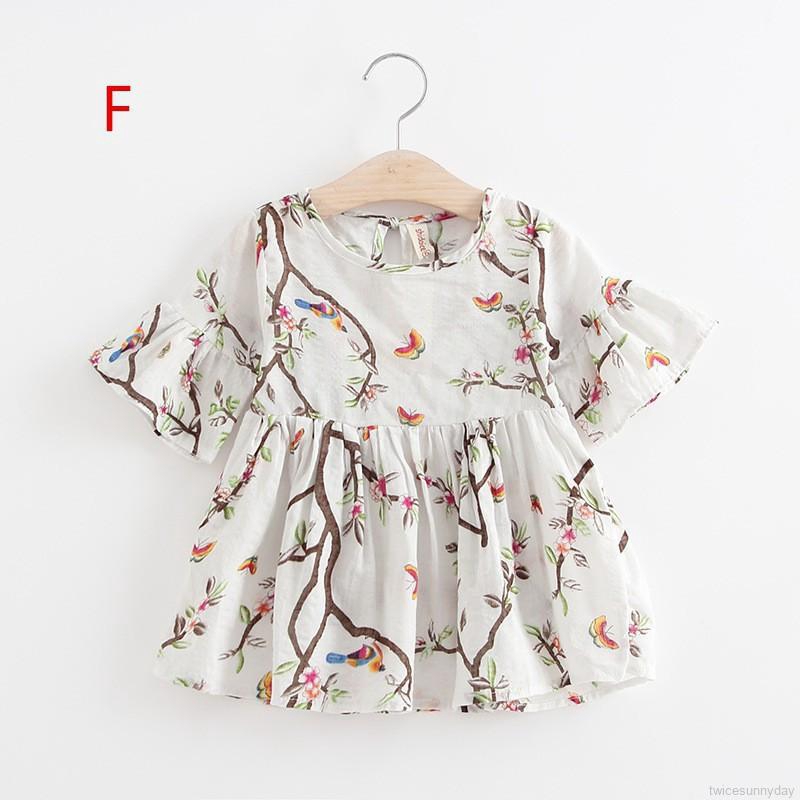 Đầm cotton mỏng tay ngắn loe in họa tiết hoa phong cách retro mùa hè xinh xắn cho bé gái