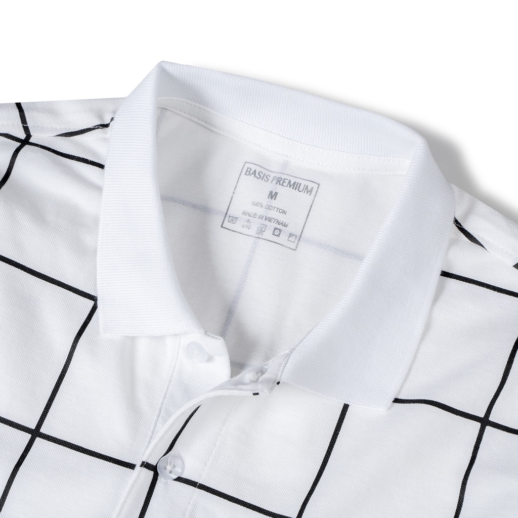 Áo polo nam Basis màu trắng họa tiết sọc caro, chất liệu cotton APL202 | BigBuy360 - bigbuy360.vn
