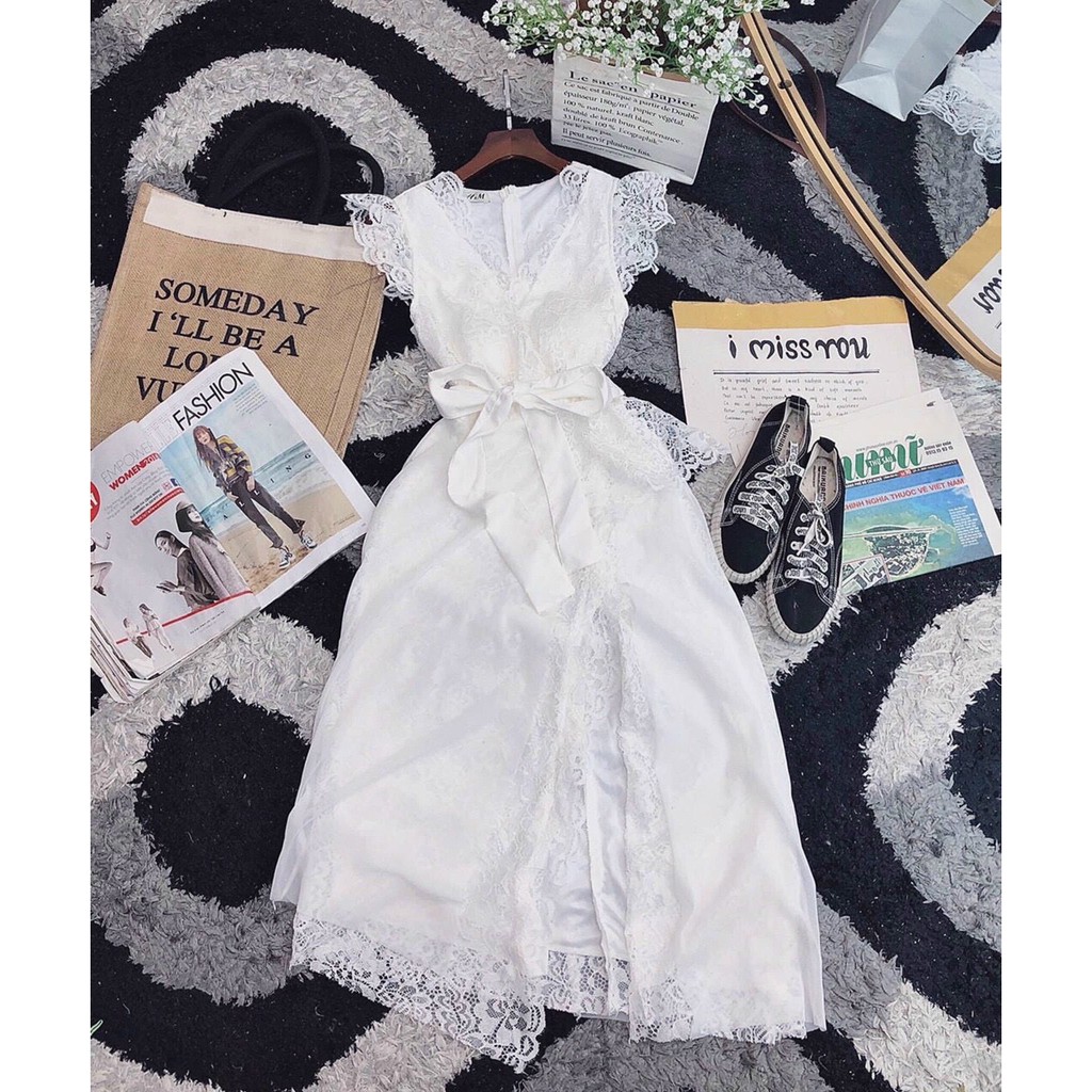 Đầm dự tiệc ren xẻ tà cổ tim dáng dài màu trắng sang chảnh V11 | BigBuy360 - bigbuy360.vn