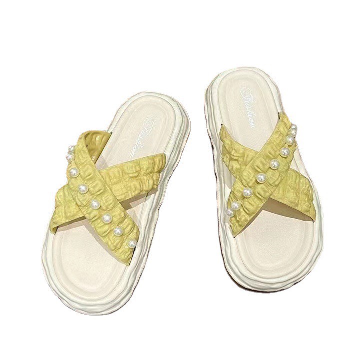 Dép nữ quai chéo đế cao 3cm đính hạt ngọc trâu cực xinh