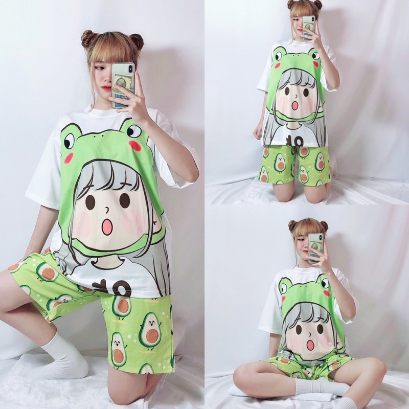Set đồ bộ cartoon xinh xắn, quần short lửng cho nam nữ
