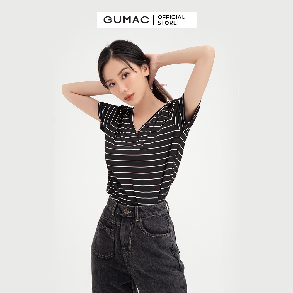Áo thun nữ sọc cổ tim GUMAC phong cách năng động, trẻ trung ATC03015