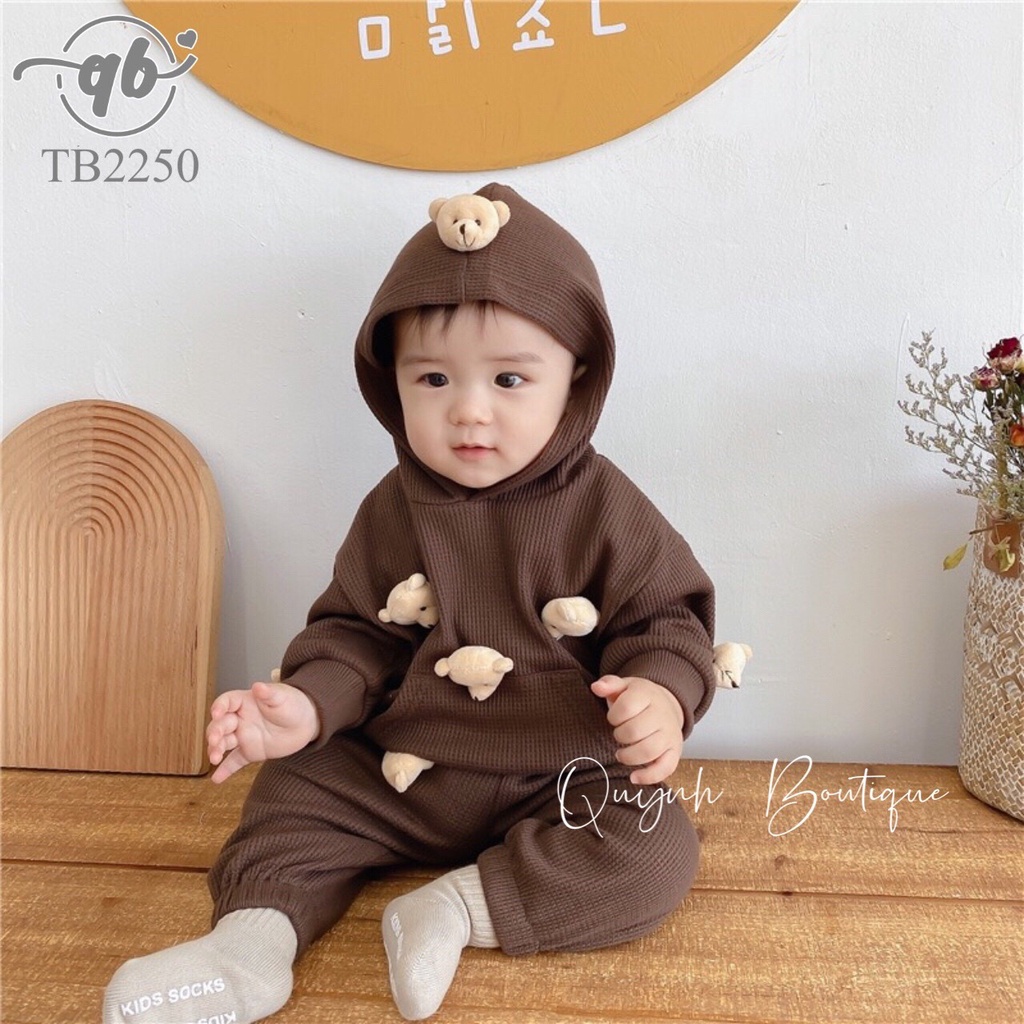 Quần Áo Trẻ Em Quỳnh Boutique Set Bộ Bé Trai Hoạ Tiết Gấu Giữ Ấm Cho Bé