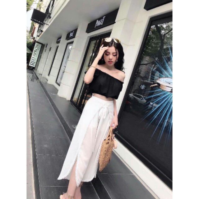 (KÈM ẢNH THẬT)Sét áo trễ vai crop + quần ống suông viền ren siêu hot