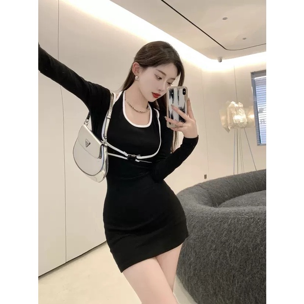 Váy Body Cổ Yếm Viền Phối Khoác LSEOUL V1292 Tôn Dáng Quyến Rũ