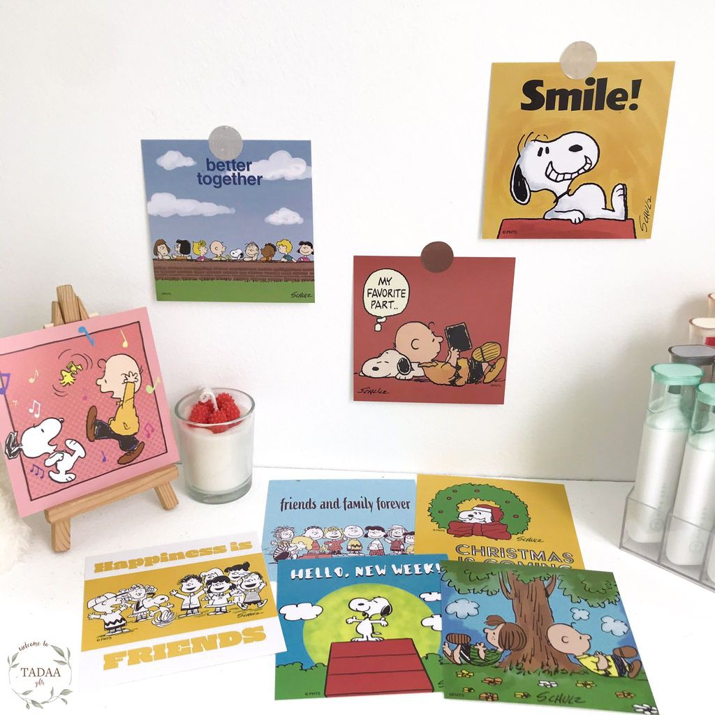 Set 9 postcard hoạt hình Snoopy &amp; Friends dễ thương màu pastel trang trí tường