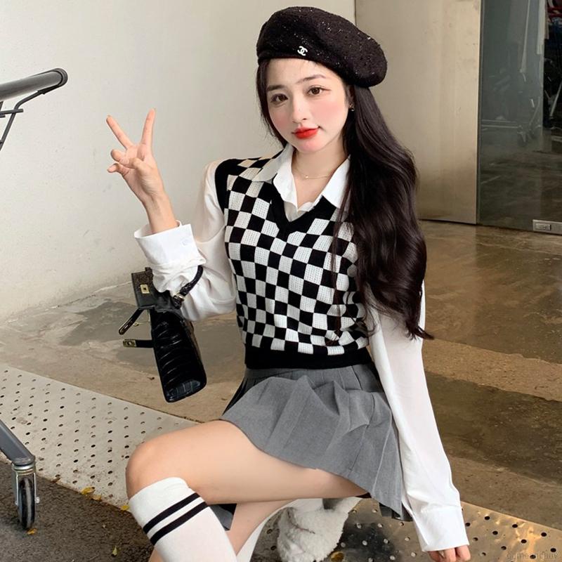 Áo len không tay cổ chữ V hoa văn kẻ ô thời trang dành cho nữ | BigBuy360 - bigbuy360.vn