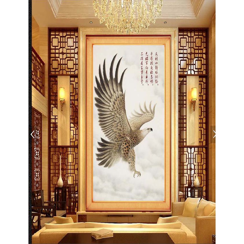 Trang trí phòng khách dán tường khổ dọc bộ tranh 3D Chim công, rồng vànglụa kim sa cao cấp không thấm nước (10 mẫu)