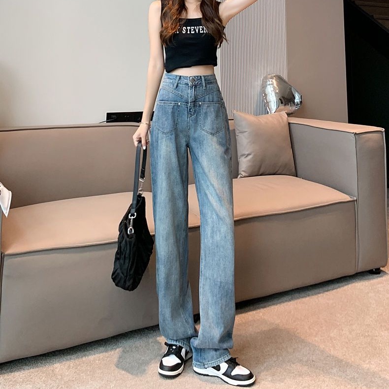 Quần Jeans Ống Rộng Lưng Cao Phong Cách Retro Cho Nữ