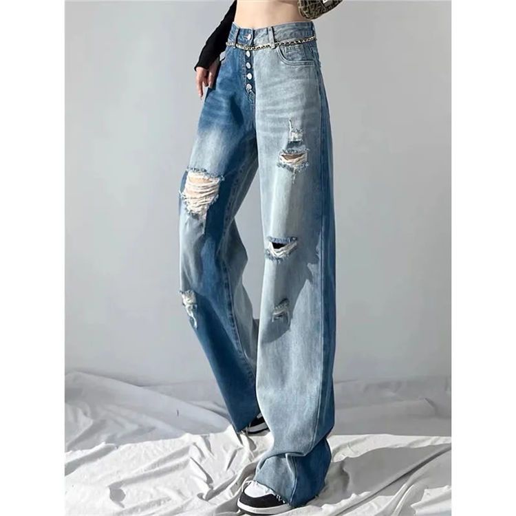 Quần Jeans Nữ Lưng Cao Ống Rộng Rách Gối Thời Trang Mới