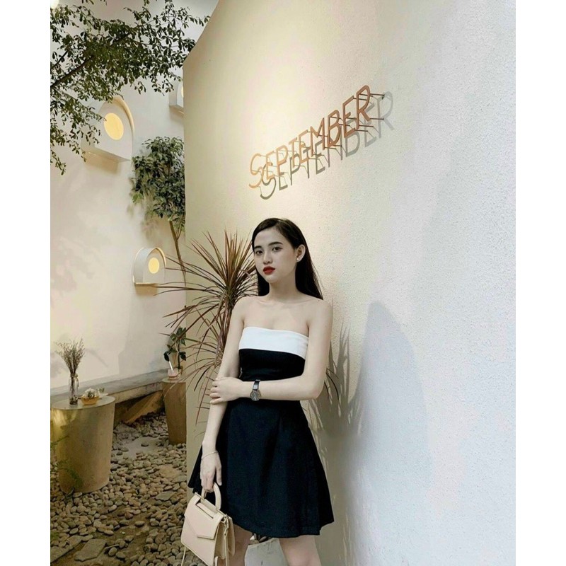 Đầm dáng xòe cúp ngực đen phối trắng cao cấp