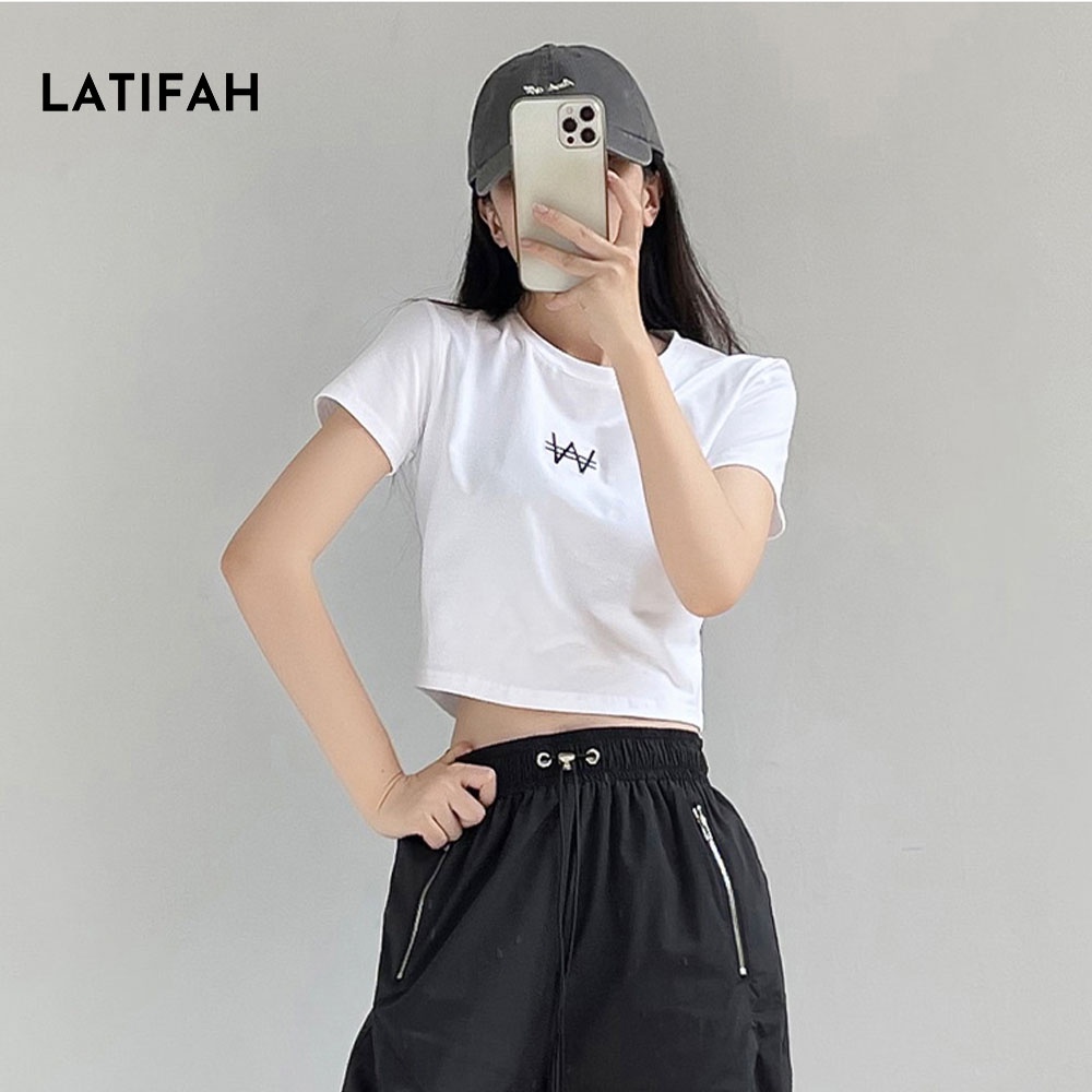 Áo thun croptop tay lỡ Latifah thêu chữ W AT015 chất vãi dày dặn co giãn 4 chiều