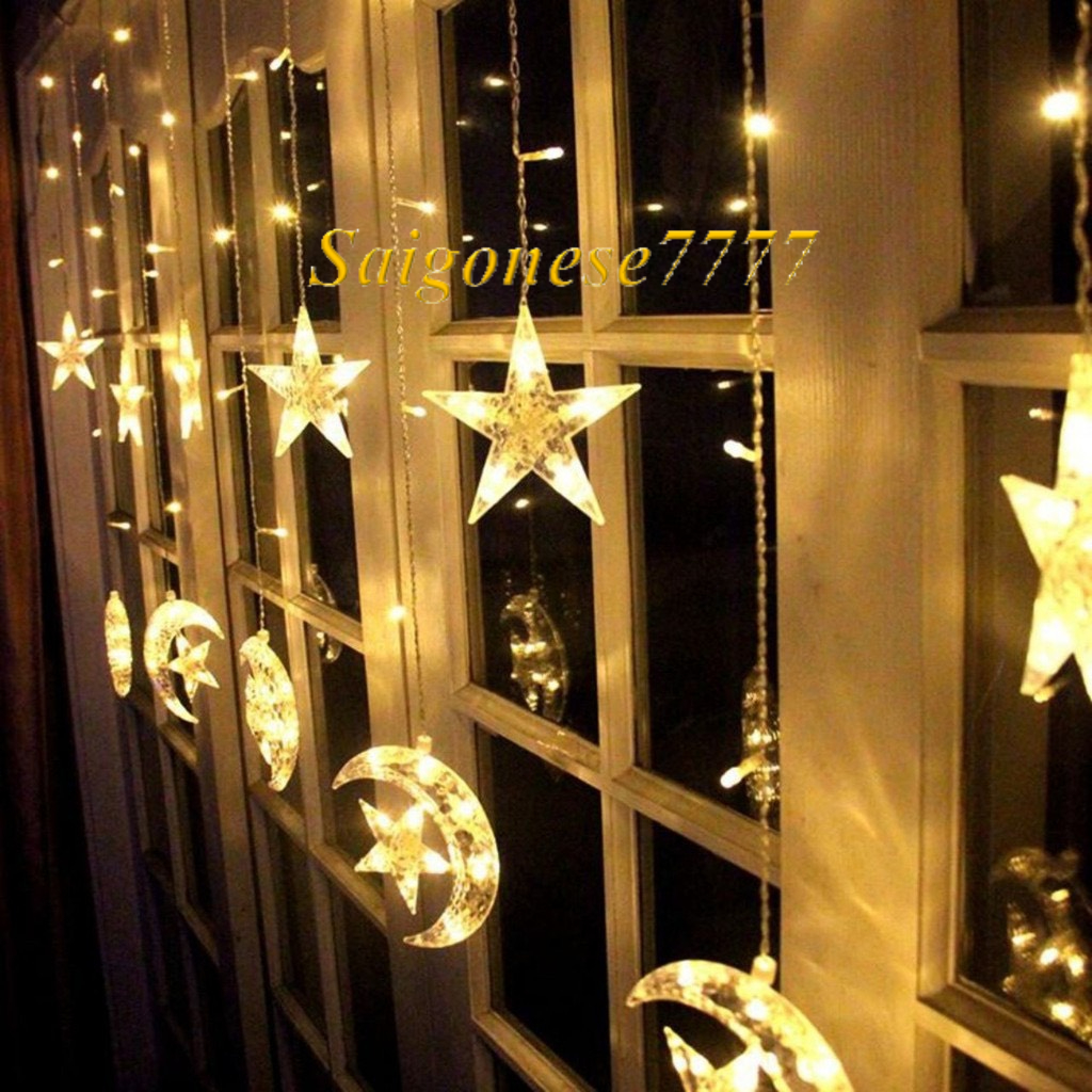 Dài 3 Mét 12 Đèn Led Mặt Trăng Ngôi Sao Trang Trí Ngoài Trời Noel Lễ Tết Rèm Đèn Led Chống Nước Xài Điện 220V