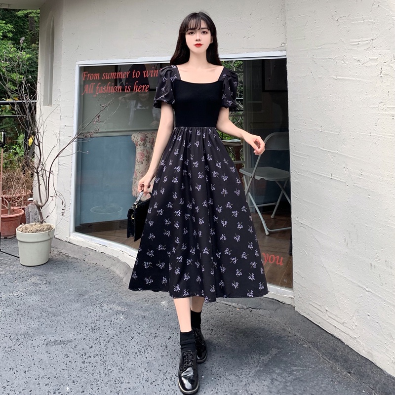 Đầm Perty in hoa tay phồng màu đen phong cách retro Hàn Quốc mùa hè cho nữ